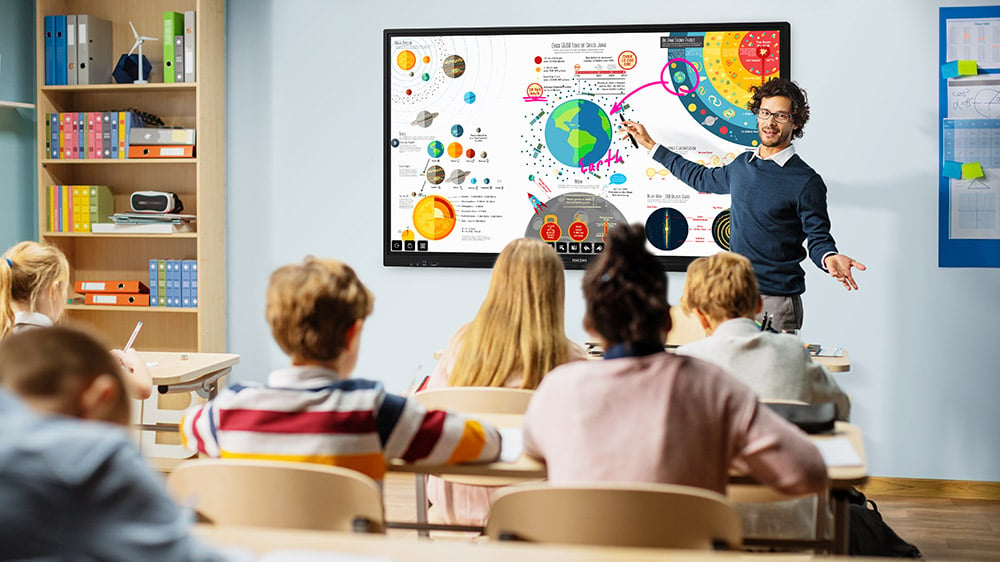 Ricoh’s New A-Series Interactive Whiteboard being used b y a teacher in a school classroom